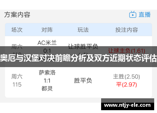 奥厄与汉堡对决前瞻分析及双方近期状态评估